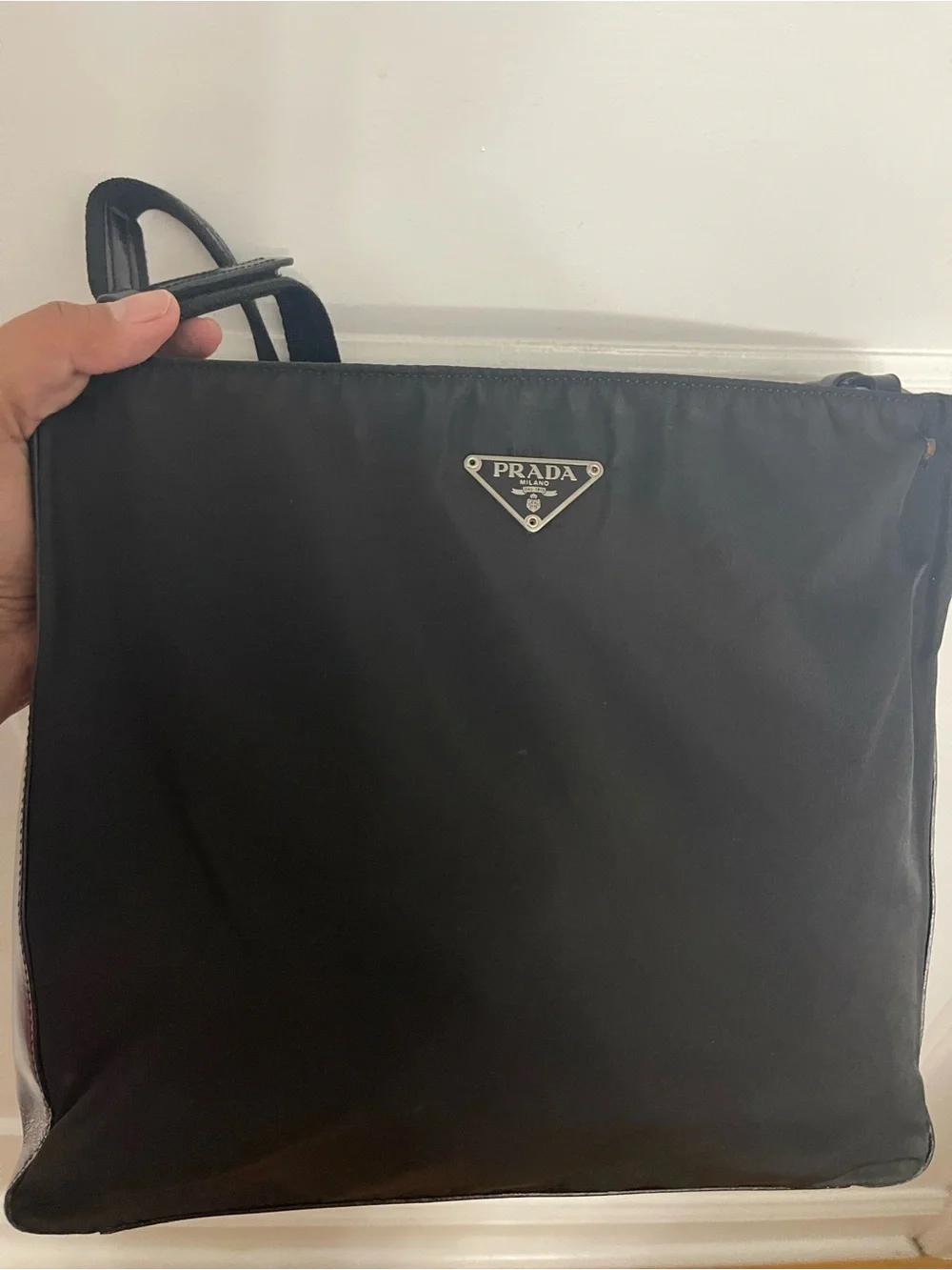 Prada Black Nylon Shoulder Bag with Silver Triangle Logo